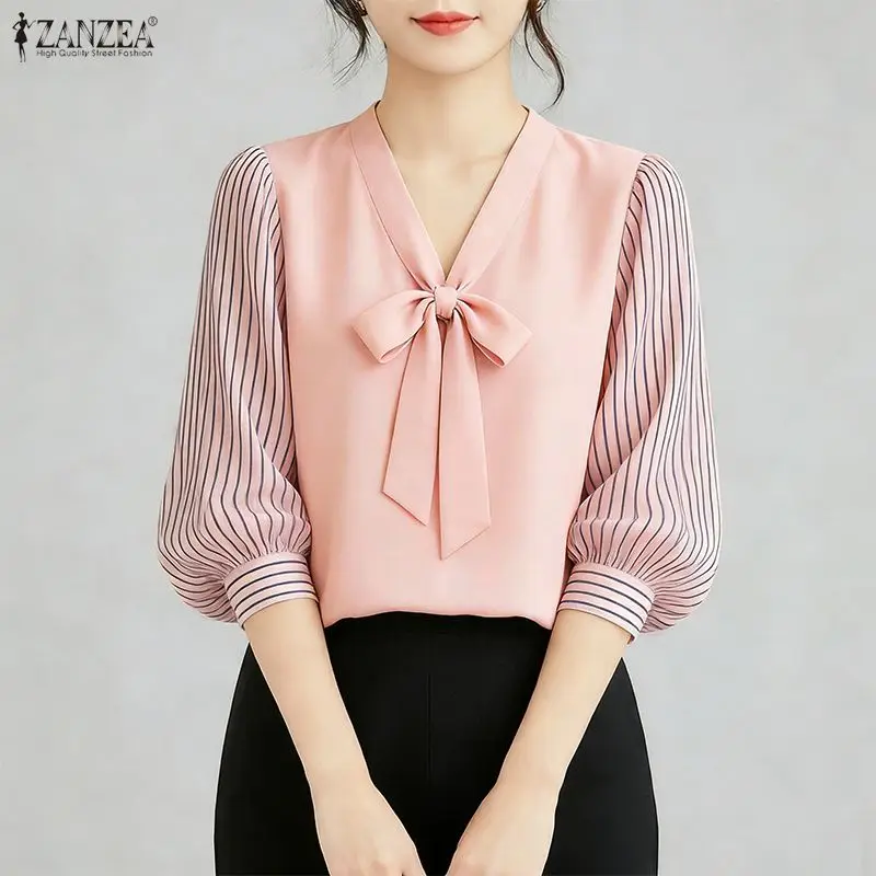 

ZANZEA Women's Elegant Bow Tie Neck Blouses Summer Striped 3/4 Puff Sleeve Patchwork Casual Tops Office Commute Blusas de Mujer
