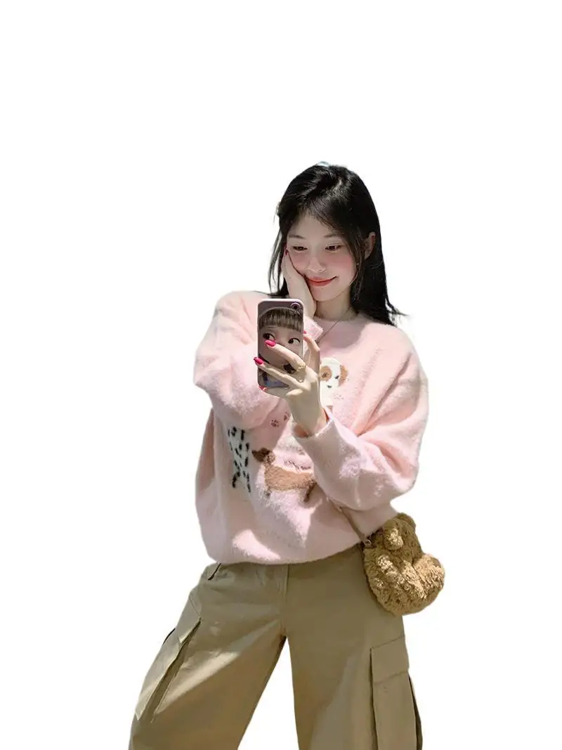

Women Fashion Pullover Autumn Winter Warm Casual Knitwear With Cute Dogs Pattern All Match Soft T-shirts Female Lovely Style