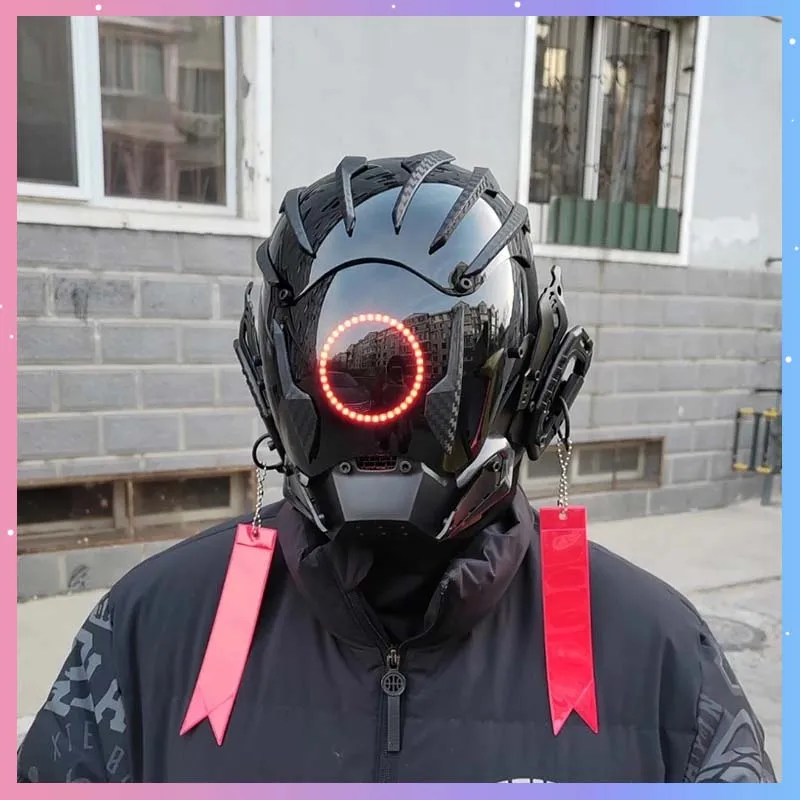 Máscara Cyberpunk con Luz Roja Circular, Casco de Soldado para Cosplay, Máscara de Guerrero Mecánico, Accesorio para Disfraces de Halloween, Carnaval, Regalo