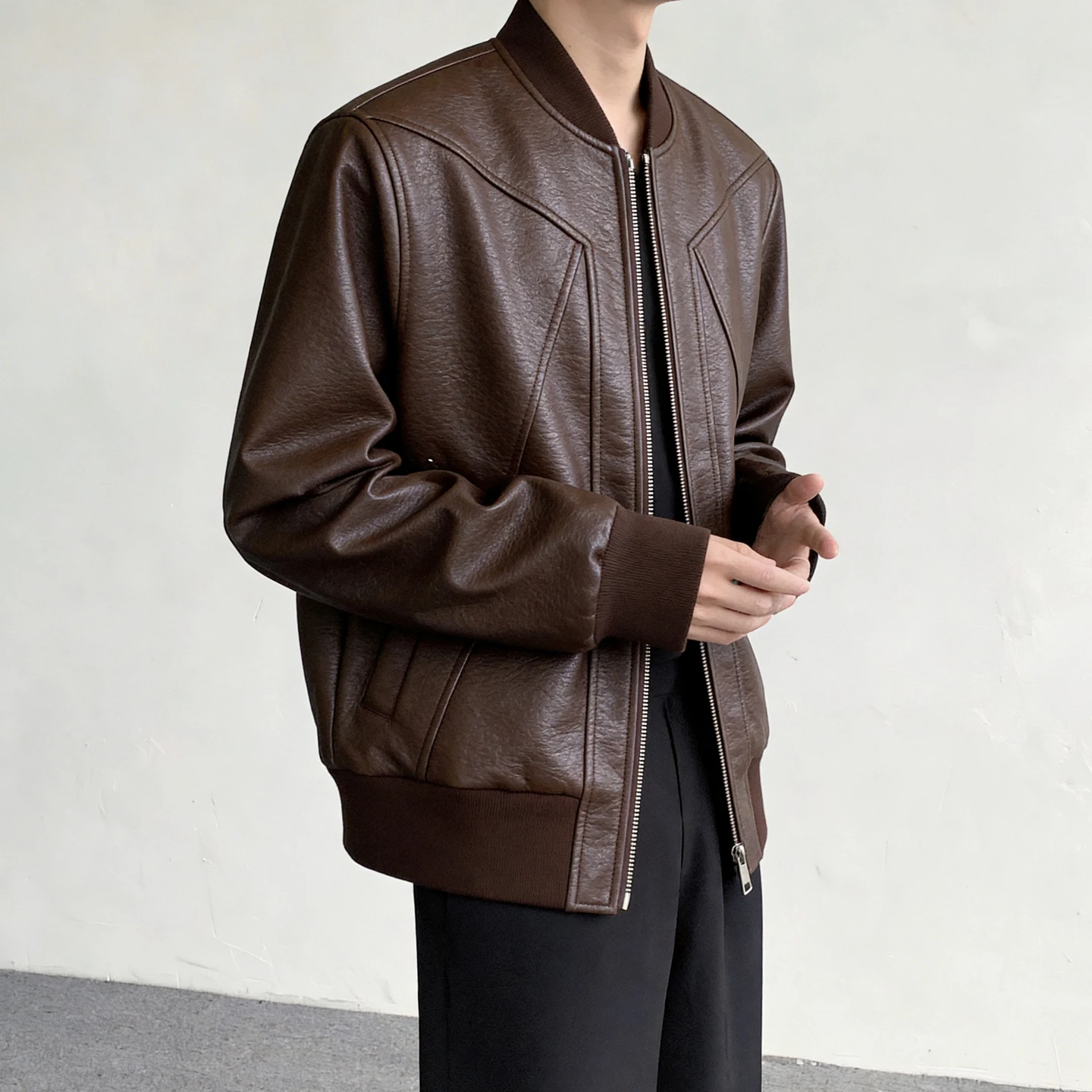 

American Sle Loose Fit Motorcycle PU Leather Jaet Men's Spring Baseball Collar Pilot Workwear Coat Youth Vitali Sle