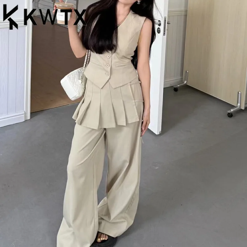 

KWTX Women’s 2-Piece Vest & Pleated Wide-Leg Pants Set Solid Color Casual High-Street Retro Elegant Light Luxury SS25 Designer