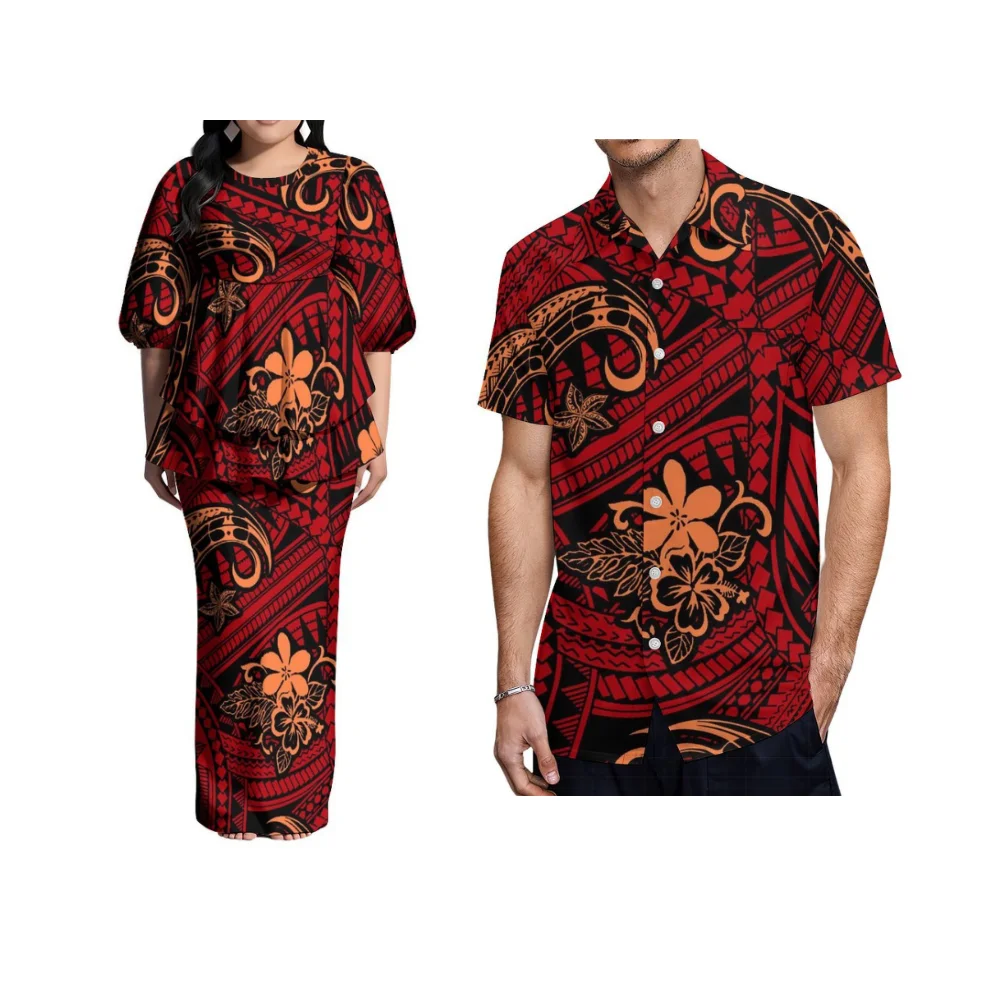 Robe de costume pour femmes, imprimé Floral Samoan, Puletasi personnalisé, manches bouffantes, ourlet Double couche, chemise pour hommes, robe de Couple