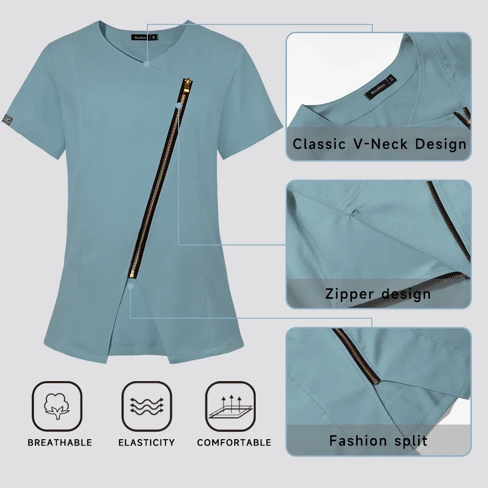 Hospital Doctor Nursing Uniform Summer V Neck Short Sleeve Slim Fit Tees Scrub Tops Beauty Salon Workwear Clinical Scrubs Blouse