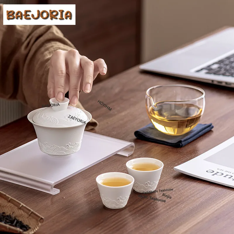 BAEJORIA Zen Wave Covered Bowl Portable Travel Tea Set Kit  1 Pot 2 Cups Tea Making Glass Mugs Tea Set Stock Bags Ornaments Gift