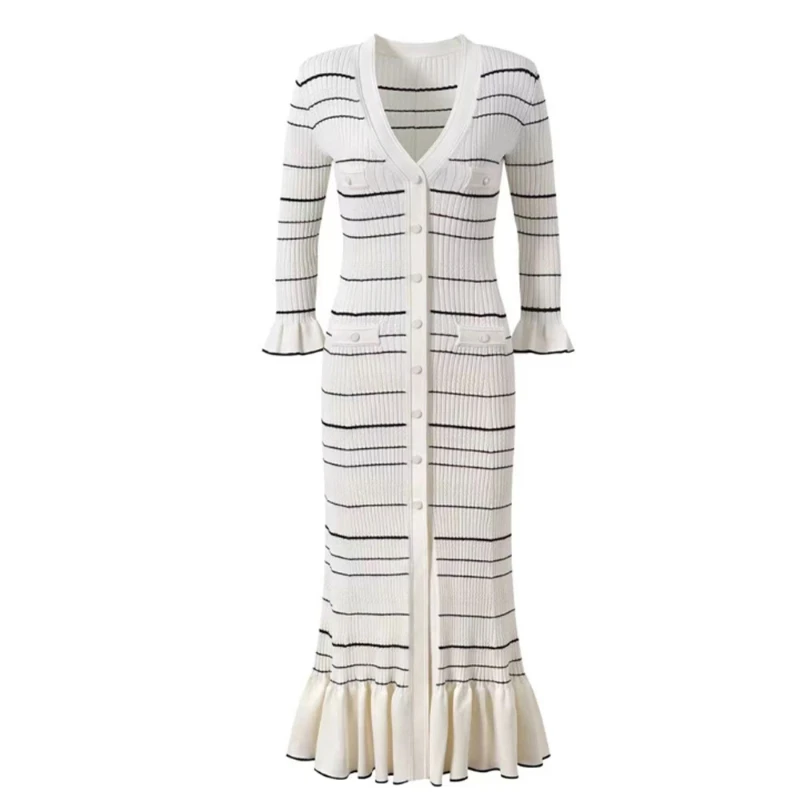 

Woman 2025 Summer Black White Striped Patchwork Office Lady Slim Knit Long Dress Women V-Neck Ruffle Edge Wrap Hip Dresses