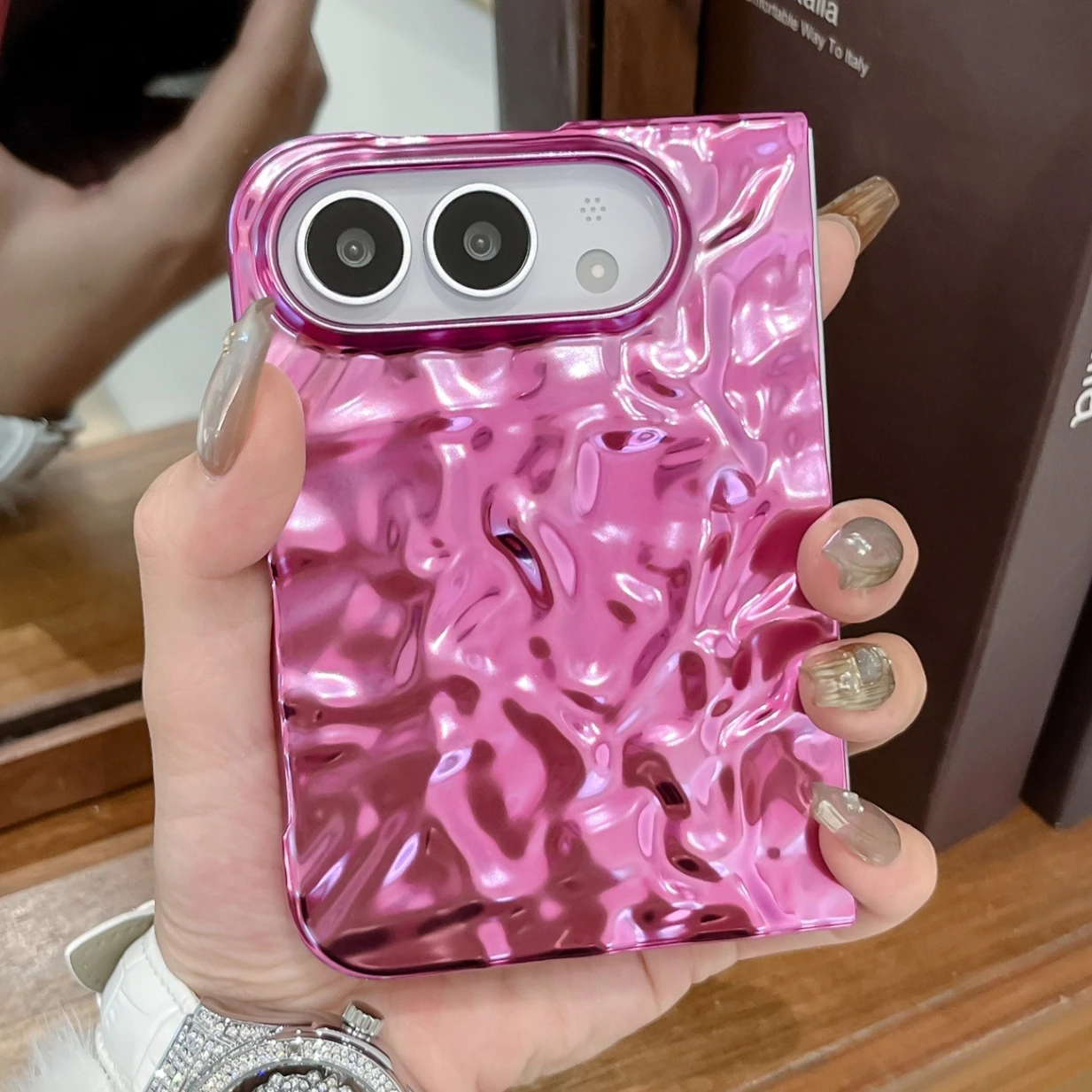 Luxury Electroplate Silvery 3D Wrinkle Foldable Phone Case for IPhone Ultra IPhone Duo Fold Purple Water Ripple Shockproof Cover
