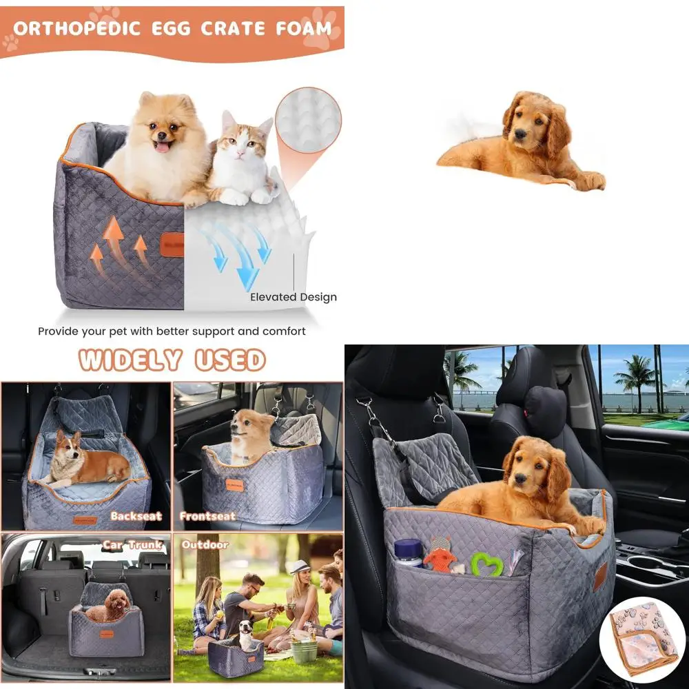 

Elevated Memory Foam Dog Car Seat with Removable Washable Cover for Small Dogs up to 35lbs, Anti-Slip, Includes Seat Belt and St