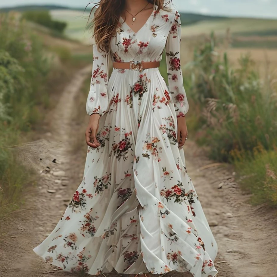 

Maxi Dress Women Long Dresses A Line Vestidos Print Floral V Neck Full Sleeve High Waist Work Elegant Splice Y2k Streetwear 2025