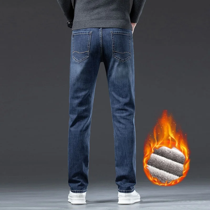 Nuovi jeans spessi invernali per pantaloni in denim dritti sottili elastici caldi in pile da uomo Pantaloni casual in velluto da lavoro Pantaloni da uomo di marca