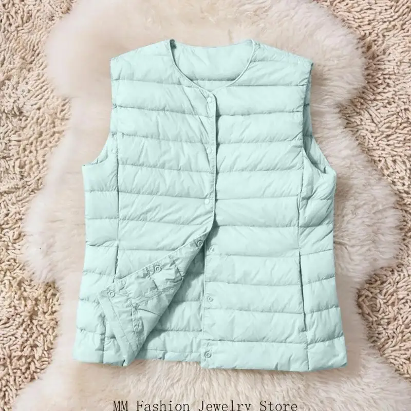 Damen-Daunenweste, leicht, kragenlos, Outdoor-Daunen-Kurzjacke, ärmellos, Knopf, warme Steppjacke D0UB