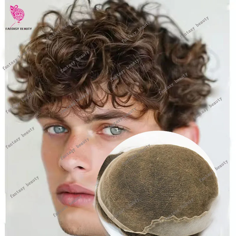 

Коричневый Блондин 25 мм Вьющиеся Мужские Парики Невидимые Натуральные Волосы Прочный Q6 Швейцарское Кружево и Пу 100% Человеческие Волосы Серый Черный Мужской Протез