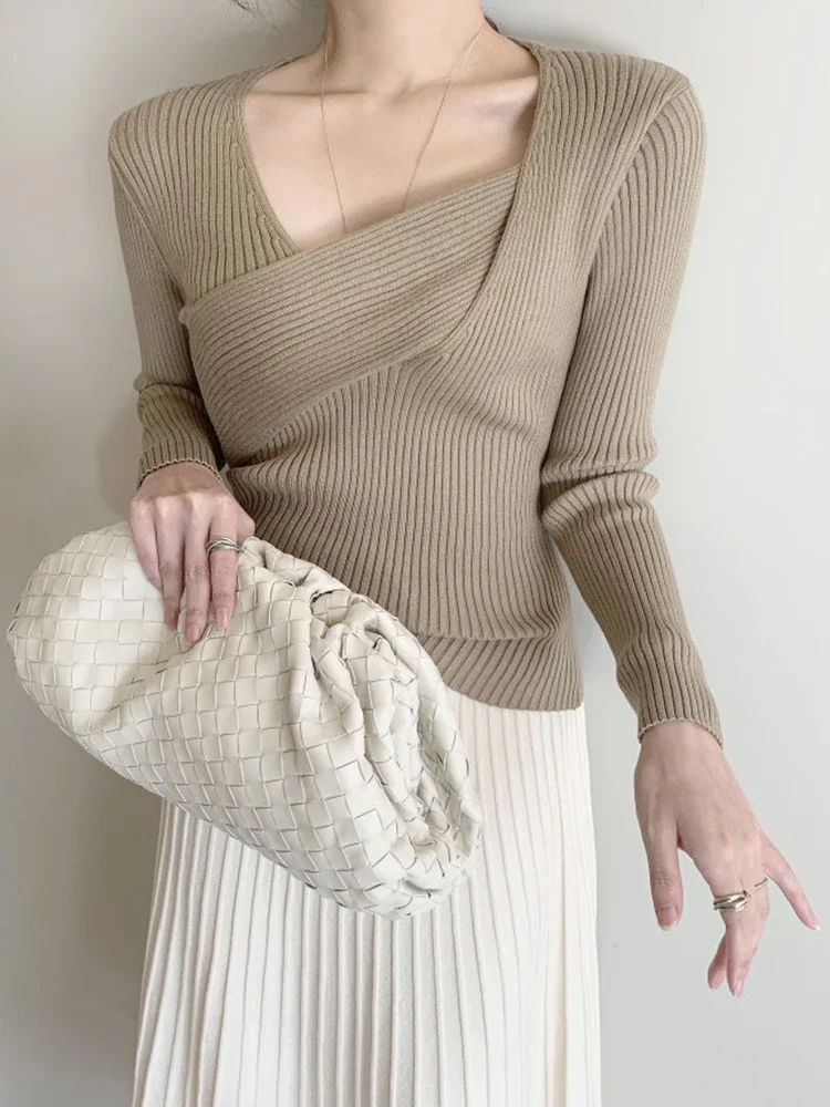 Irregular V-neck Women Sweaters Fashion Jersey Autumn Winter Slim Pullover Female Sweater Jumper Casual Solid Tops