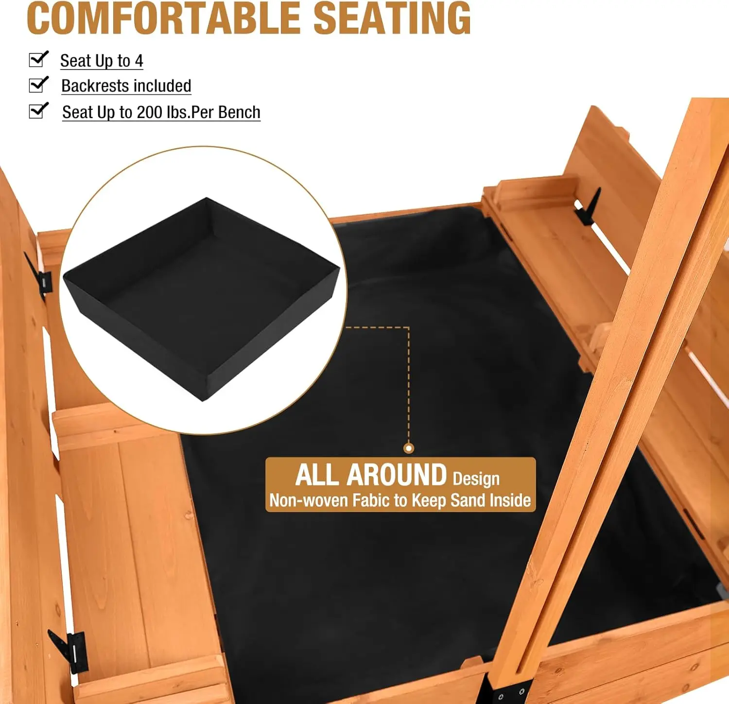 Sandbox per bambini con coperchio-scatola di sabbia in legno per esterni per bambini di grandi dimensioni con protezione sabbia di copertura, sedili da banco pieghevoli e Roo retrattile