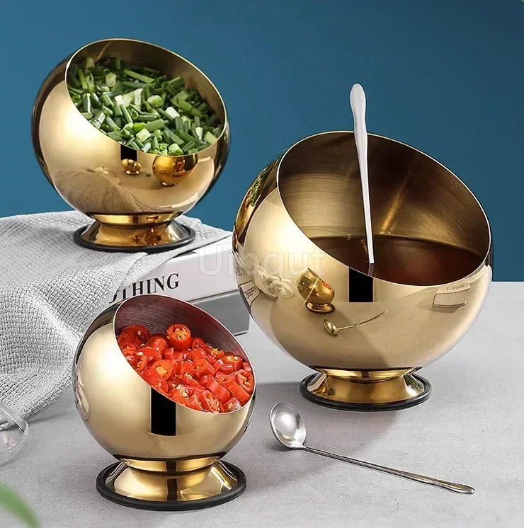 Stainless Steel Oblique mouthed Sauce Bowl with Lid Hot Pot Buffet Seasoning basket bowl Jar dish Container Salad Spherical Bowl