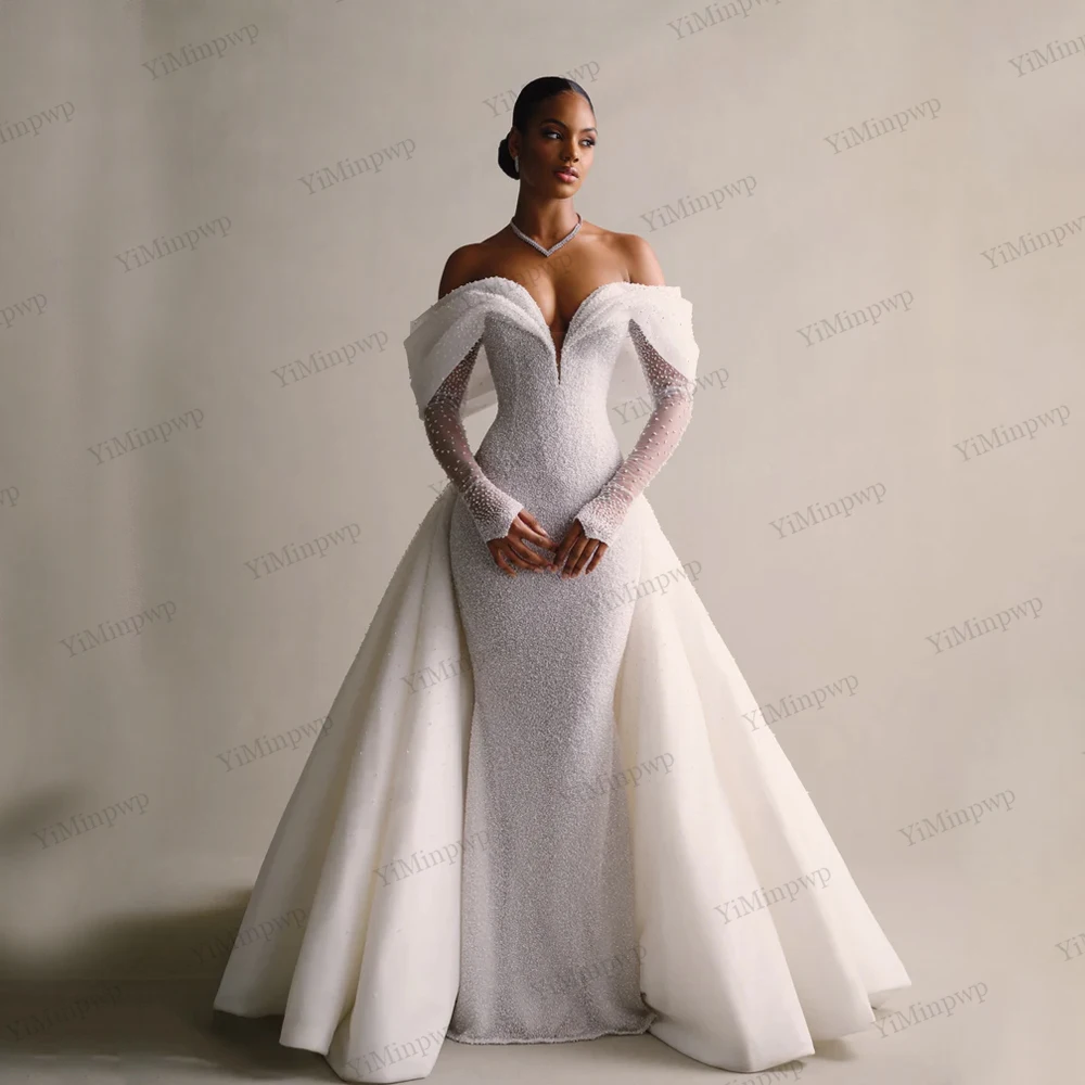 

Luxury Mermaid Wedding Dresses Off Shoulder Beaded V-Neck 2 In 1 Bride Gowns African Full Sleeve Detachable Train Customized