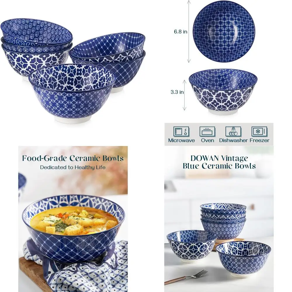 

Large Ceramic Deep Bowls Set of 6 - Vintage Blue for Ramen, Pasta, Salad - Kitchen Decor and Serving