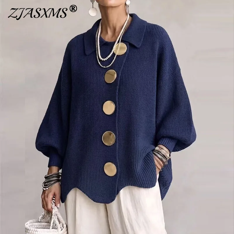 Damen Strickjacke mit Reverskragen, Laternenärmeln, großen Goldknöpfen, lockerem Schnitt, unregelmäßigem Saum, für den Alltag im Herbst und Winter.