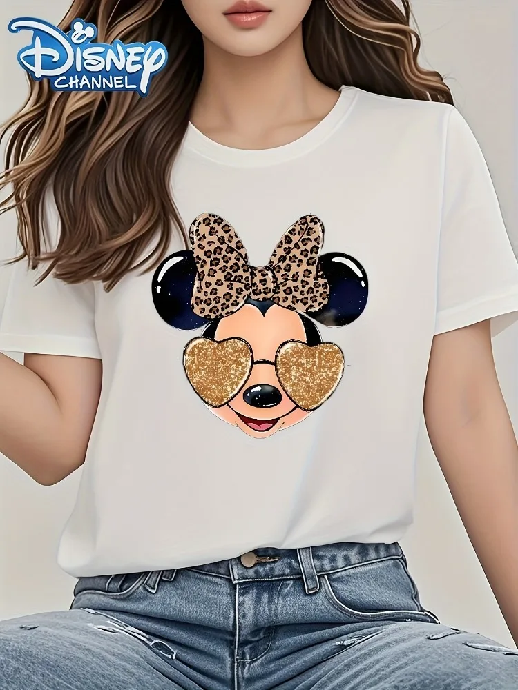 

Женская футболка Disney с леопардовым бантом и сверкающими модными очками в форме сердца, повседневный топ с круглым вырезом и короткими рукавами