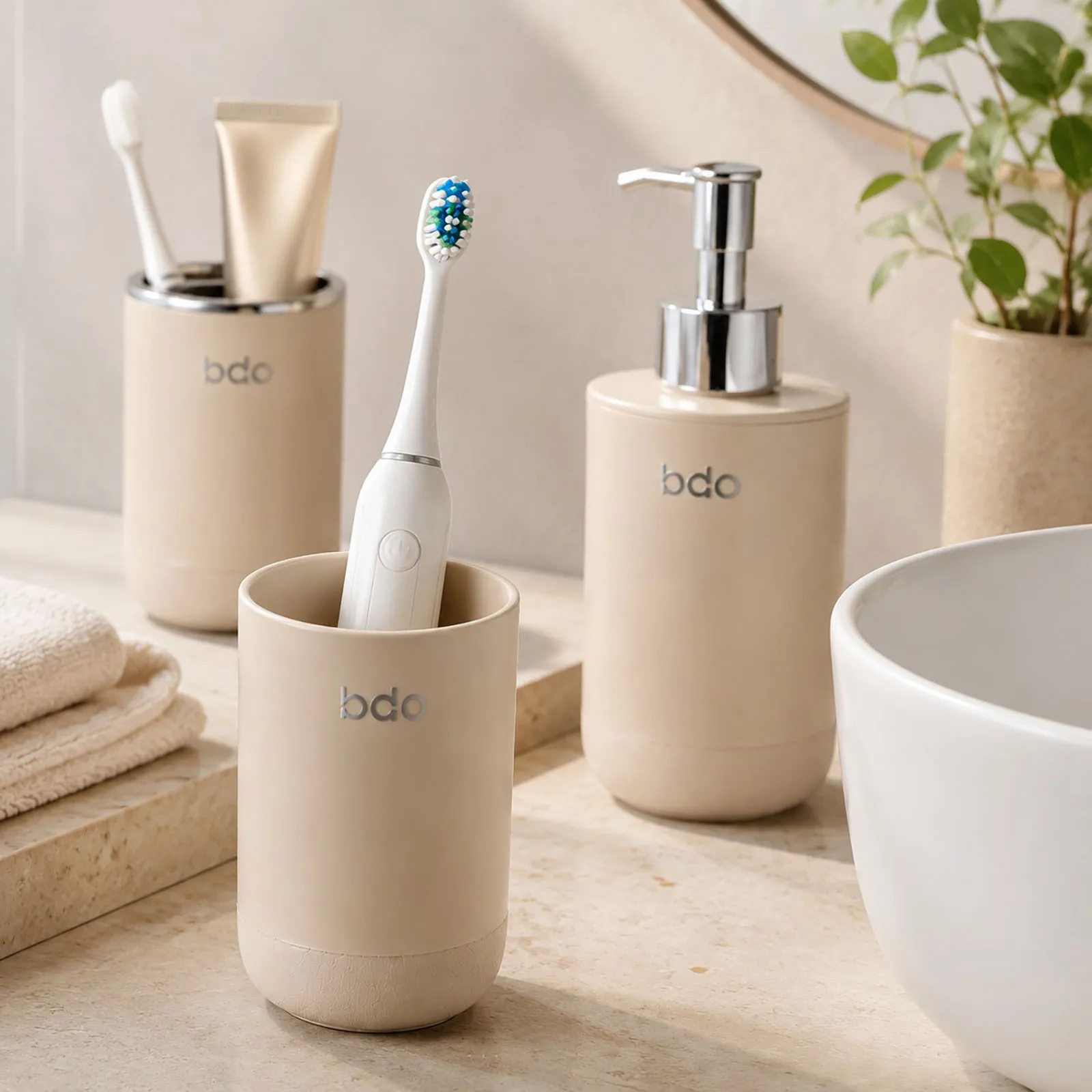 Bathroom Vanity Set for Daily Routines Beige Countertop Collection with Liquid Soap Dispenser Tumbler and Toothbrush Holder