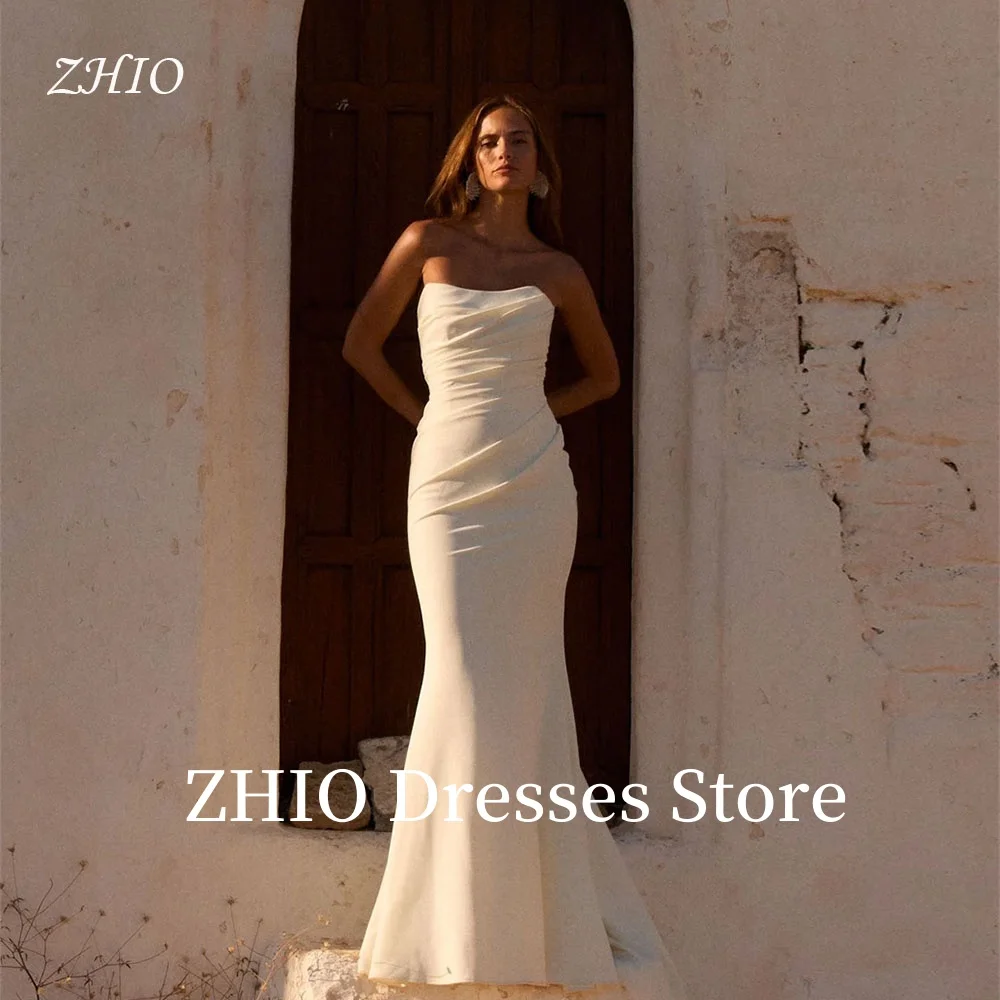 ZHIO Gaun Pengantin Sederhana Gaun Malam Putri Duyung Tanpa Tali Gaun Malam Sapu Kereta Wiru Tanpa Lengan Kancing Belakang Disesuaikan Gaun Pengantin