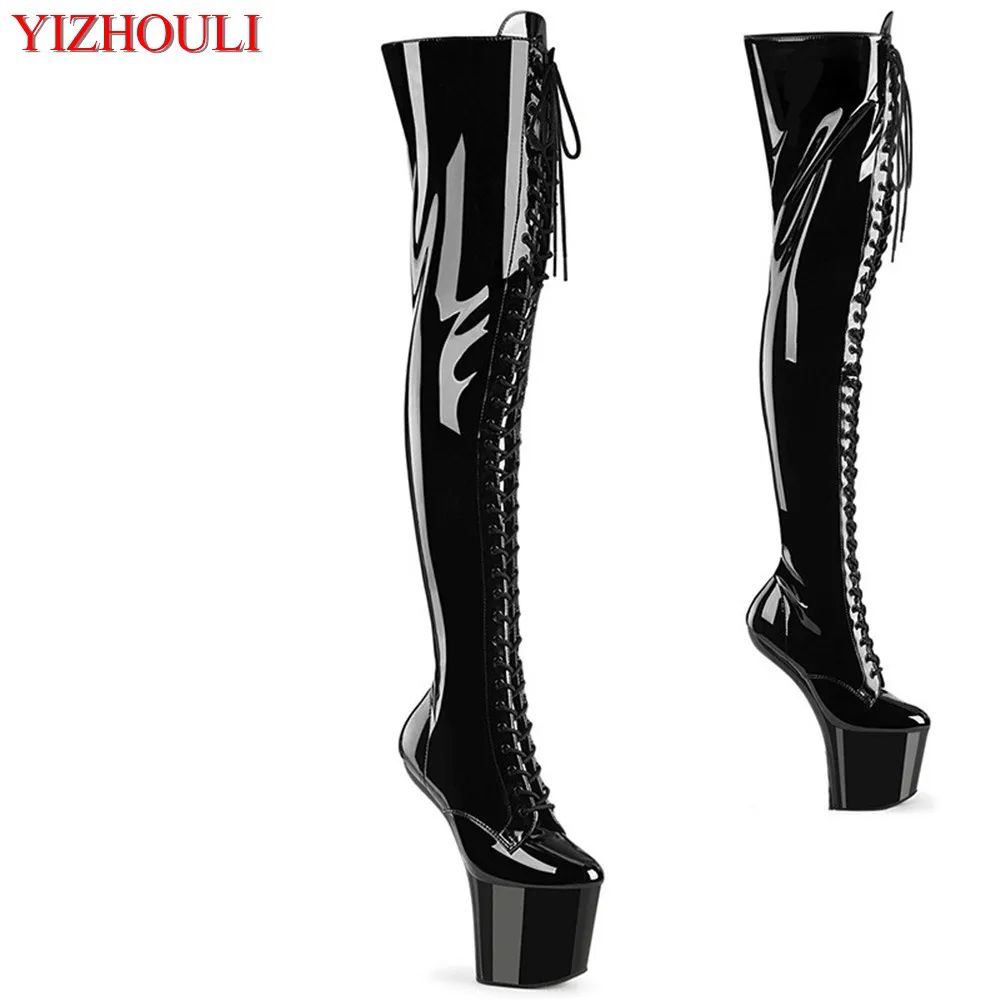 

20cm fun sky high pole dancing over the knee boots, no heel, lace-up waterproof platform night catwalk heels dance shoes
