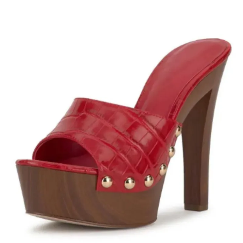 DIZHUANG Sexy women's high-heeled sandals Red stone patterned leather slippers About 15cm heel height Strange style slippers.