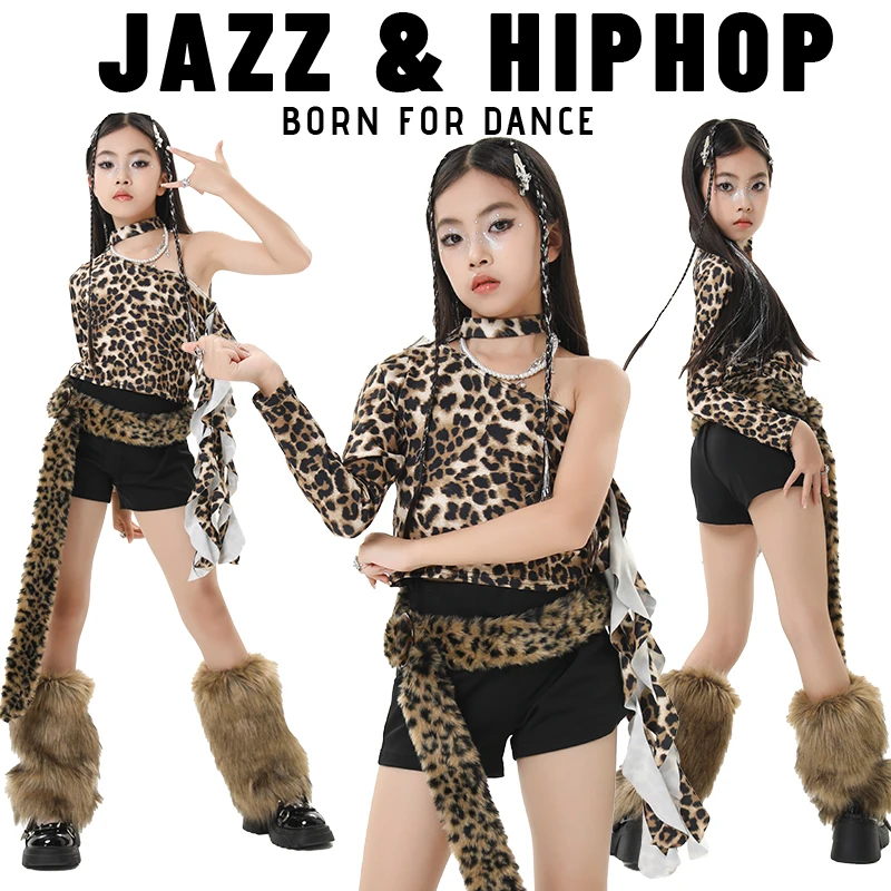

2025 детские танцевальные костюмы в стиле хип-хоп для девочек, групповые леопардовые костюмы с наклонными плечами Kpop, современная одежда для джазовых танцев, сценическая одежда XH3679