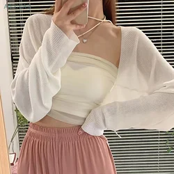 Summer Ice Silk Short Knitted Sunscreen Cardigan Women Solid Color Long Sleeve Thin Smock