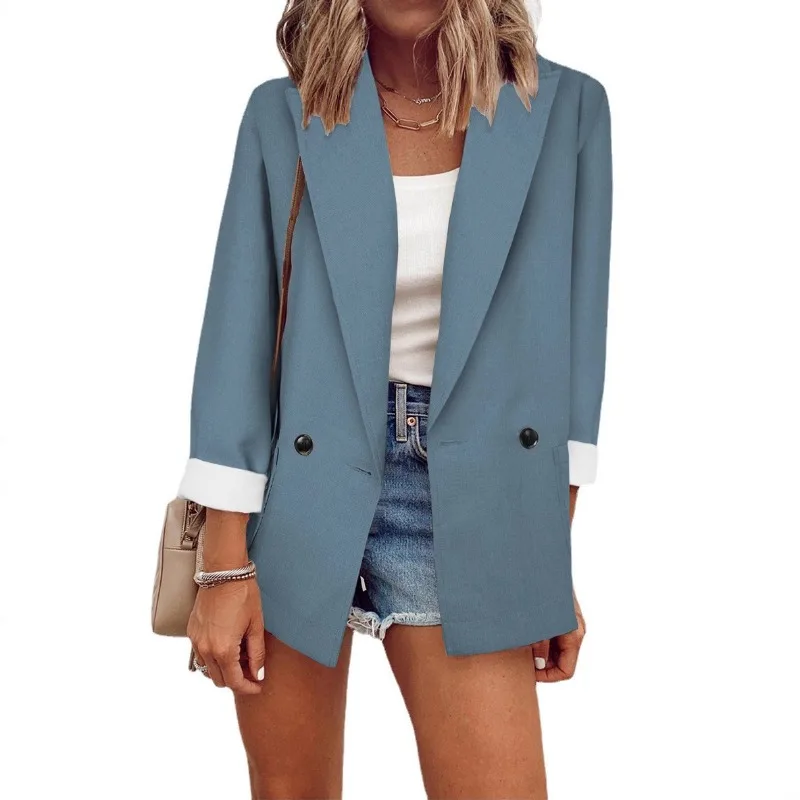 Women Solid Lapel Blazer Double Breasted Long Sleeve Turn Up Cuffs Casual Office Suit Jacket