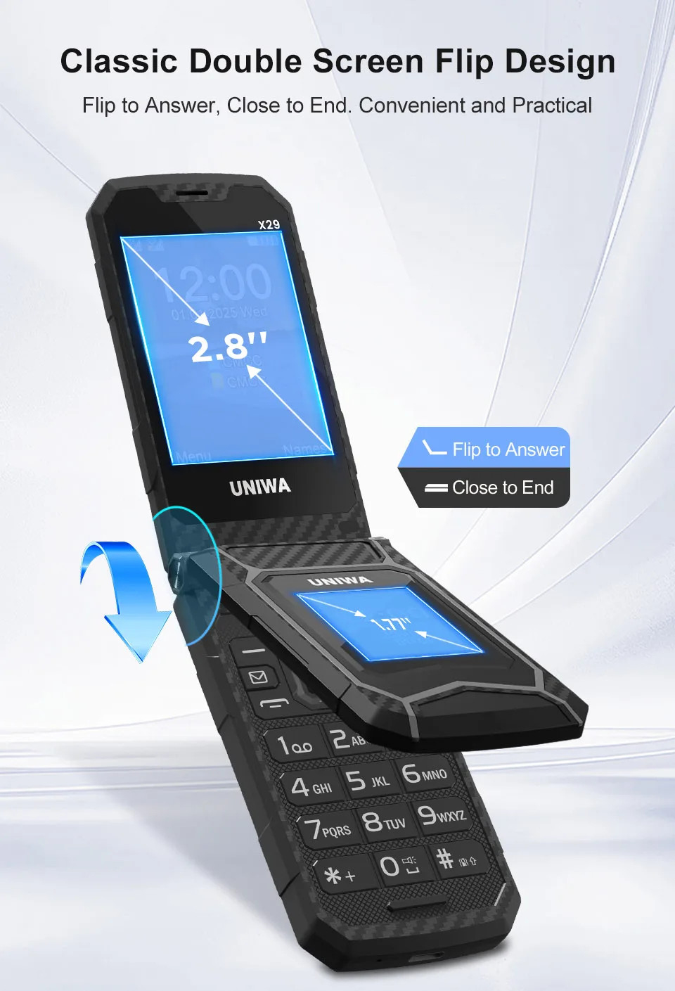 NEW UNIWA X29 Flip Mobile Phone GPRS Big Push-Button Clamshell Cellphone Phone Senior Dual Sim Support MP3 MP4 2.1BT FM