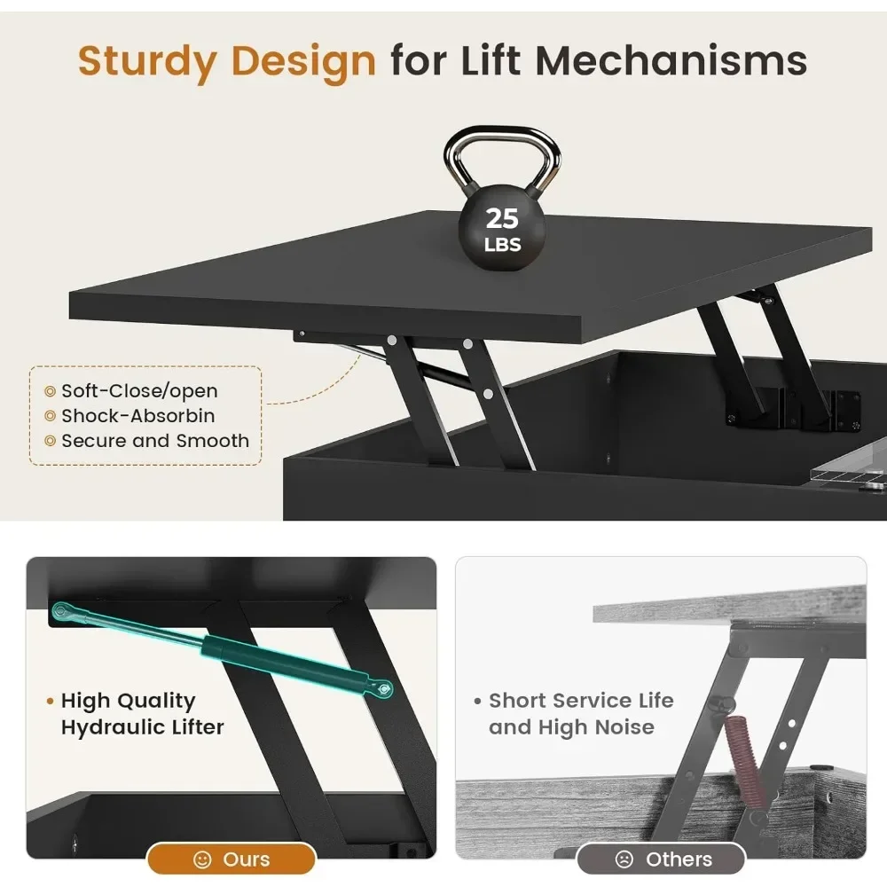 Mesa de centro elevatória de 31,5" com armazenamento, mesa de centro LED com grande compartimento de armazenamento oculto e prateleiras abertas