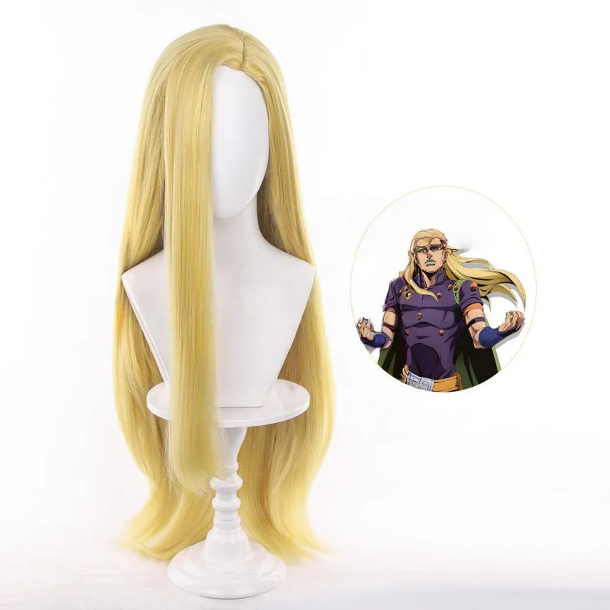 Anime Gyro Zeppeli Cosplay Wig Julius Caesar Zeppeli Gyro Zeppeli‌ Blonde Long Straight Synthetic Hair Halloween Role + Wig Cap 4