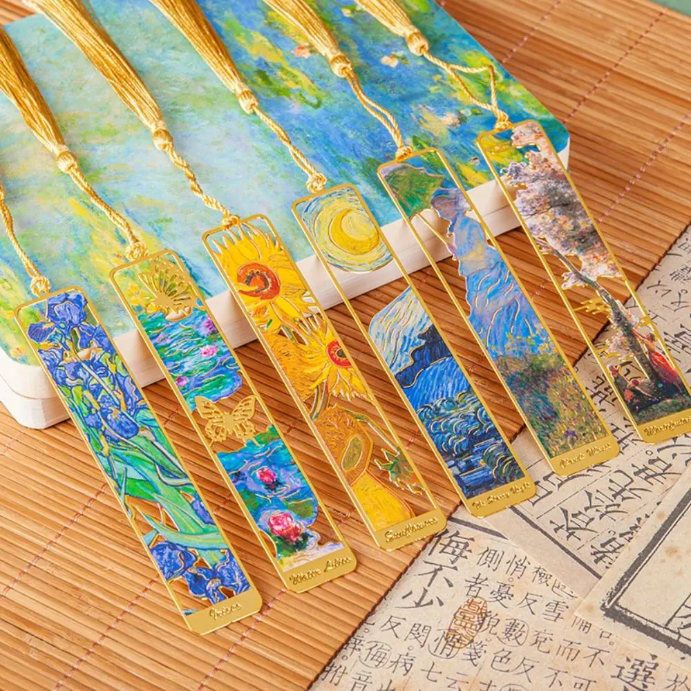 Oil Painting Metal Bookmark with Long Tassel Hollow Reading Book Clip School Office Supplies Student Gift Pagination Mark