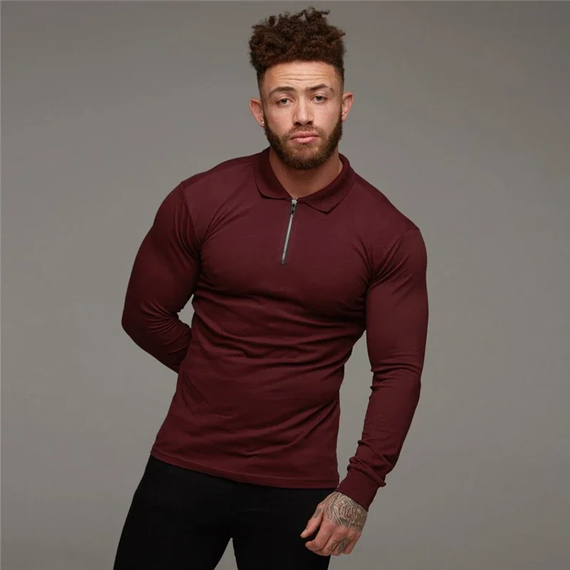 Polo Shirt Solid color Long Sleeve Casual Men Fashion Slim Fit Fitness Bodybuilding Men\'s Polo Shirt Autumn Cotton polosshirt