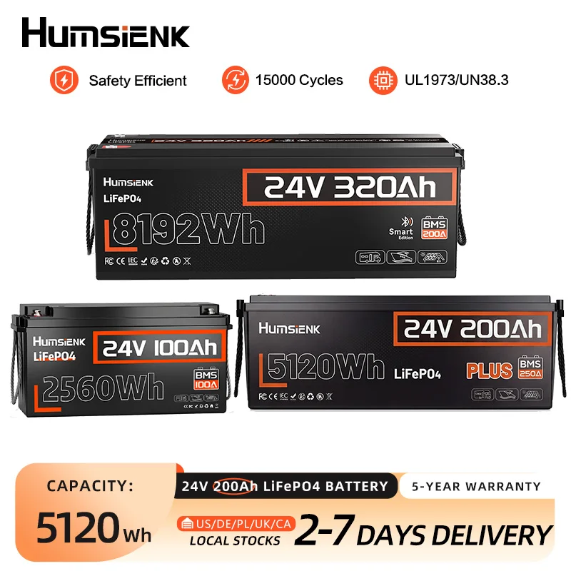 Humsienk 24V 100Ah/200Ah/320Ah LiFePO4 Battery, MAX 15000+ Cycles, Built-in 100A/200A/250A BMS, 15000+ Deep Cycle, Low-Temp Protection For RV, Van, Golf Cart, Boat, Camper, Marine, Trolling Motor, Off-Grid, Solar Energy Storage, 5-Year Warranty