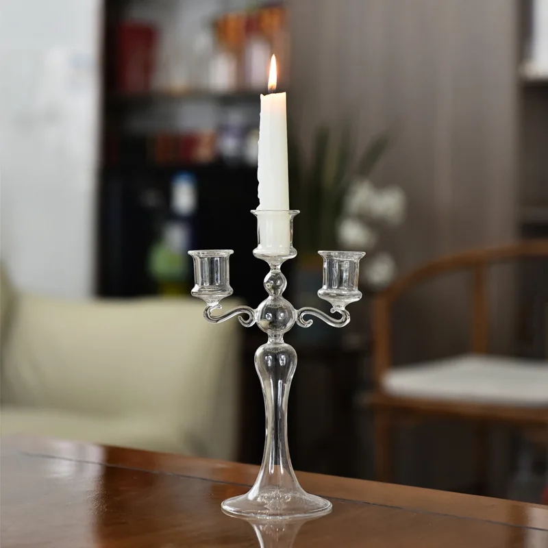 3heads decoration romantic candlelight dinner table Candlestick colorful European Striped glass candlestick