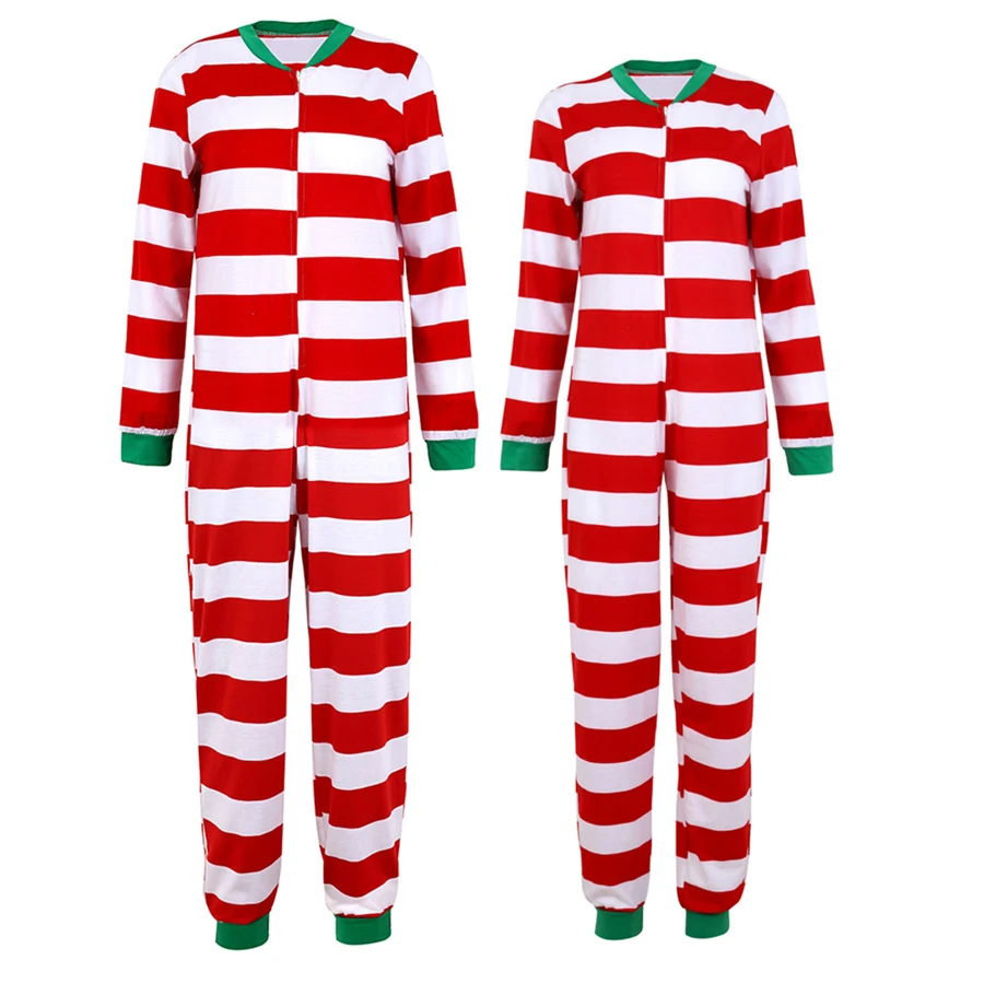 Zipper Women Men Couple Christmas Stich Pijamas One Piece Striped Jumpsuit Sexy 2 Piece/Set Christmas Family Matching Hoodies