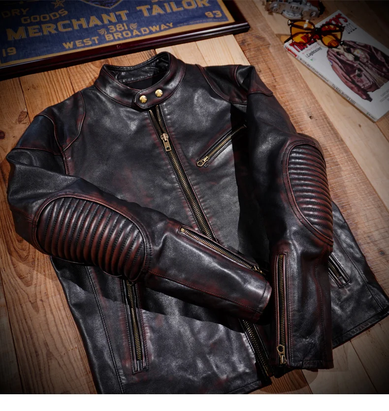 

Classic Free Motor shipping.US Biker Luxury genuine leather jacket.Retro Brown tea core horsehide coat.Men vintage leather cloth