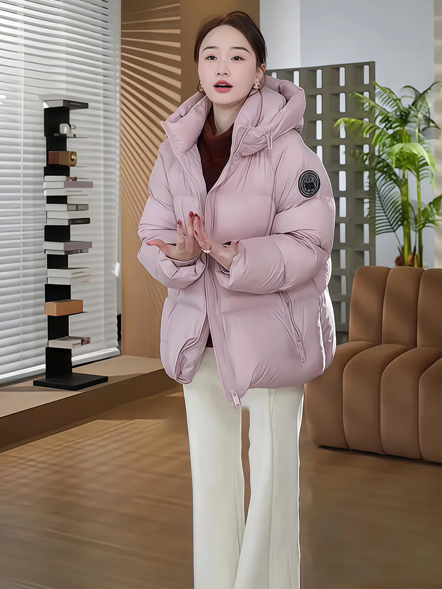 Jaqueta Casual Feminina de Inverno em Branco com Capuz e Gola Alta, Tamanho Pequeno, Comprimento Médio, Aquecida