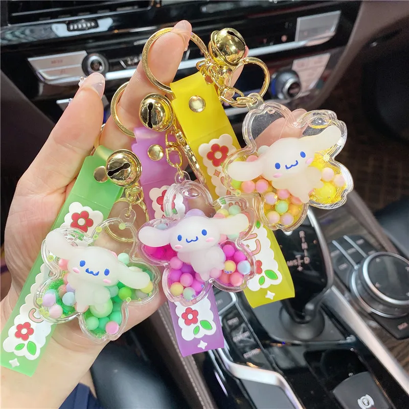 Creative Luminous Jelly Bean Longear Dog Sakura Quicksand Bottle Key Chain Cute Floating Sequin Bell Pendant Liquid Keyring Gift