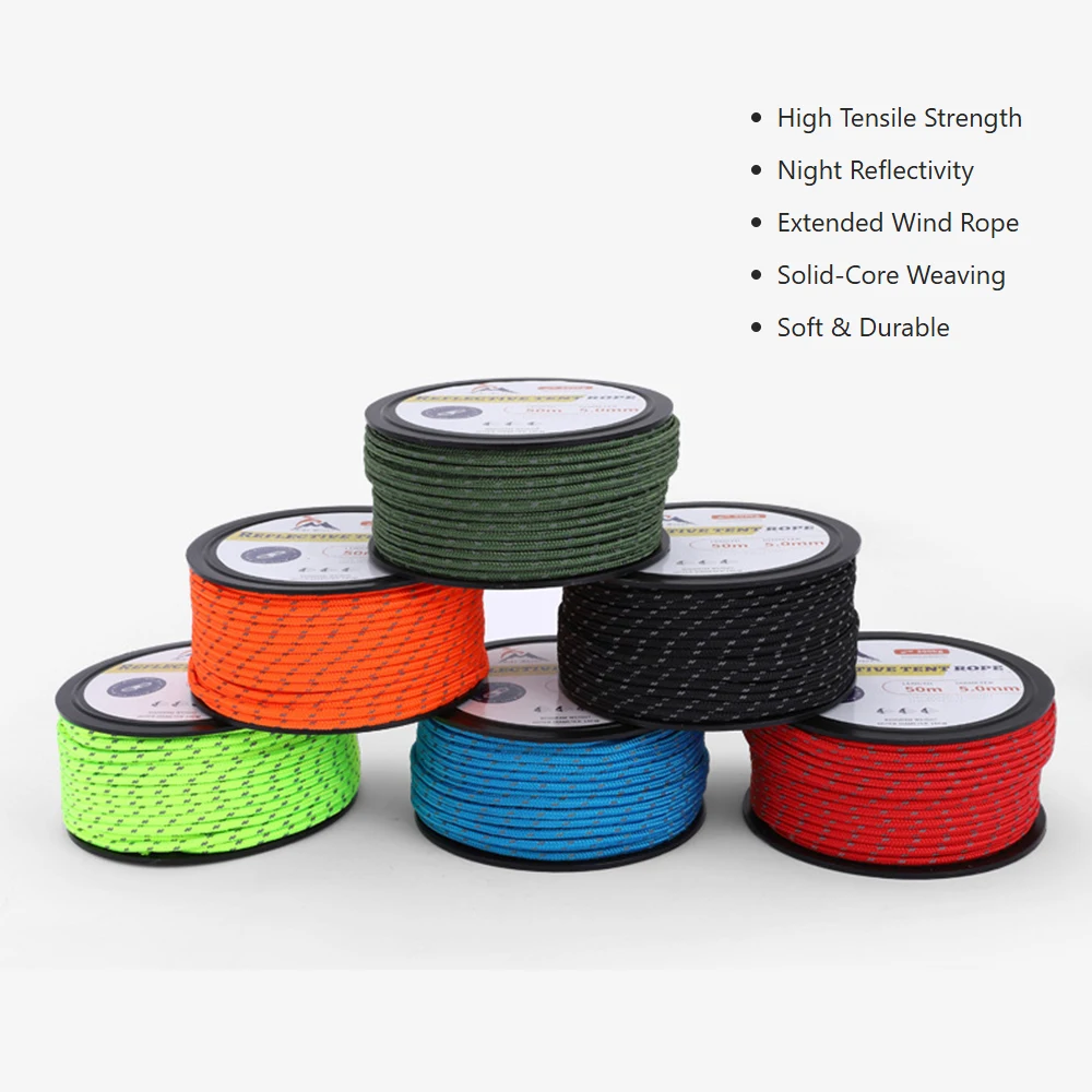 

50m Reflective Guyline Solid Braid Nylon Camping Rope 5mm Utility Rope for Outdoor Travel,Hiking,Backpacking