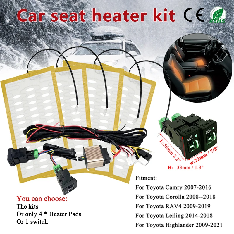 

NEW 12V Built-in Car Seat Heater Kit Fit 2 Seats Alloy Wire Fast Heating Pads Poleless Paddle Control Switch Replace for Toyota