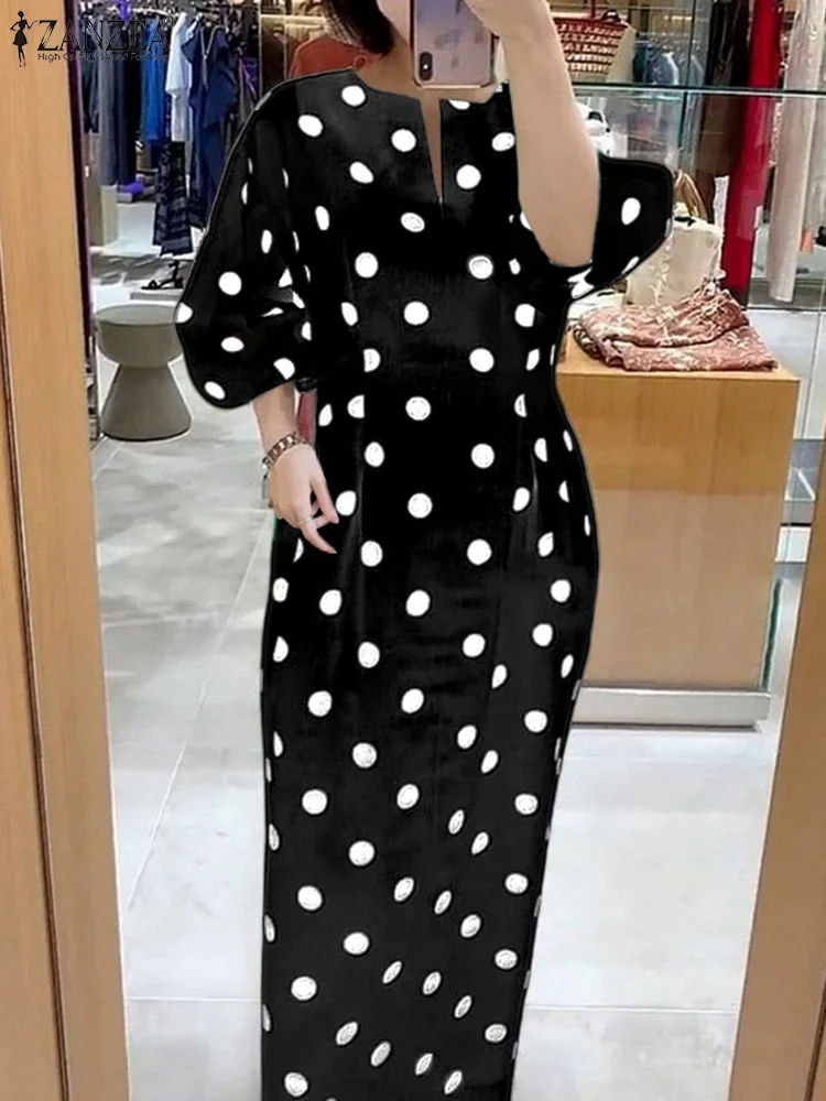

Plus Size 5XL ZANZEA Summer Women Bohemian Long Maxi Vestidos Fashion Dots Print Dress V-Neck Casual Pocket Loose Party Sundress