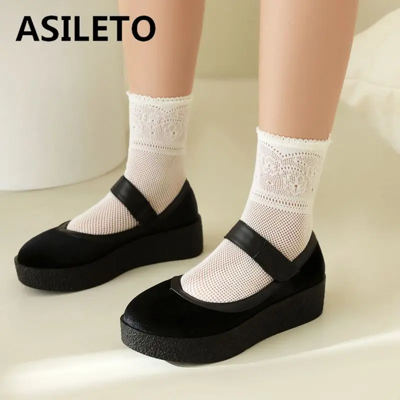 ASILETO Brand Women Pumps Round Toe Platform Thick Mid Heels 4cm Hook&Loop Big Size 41 42 43 Leisure Daily Soft Shoes Spring