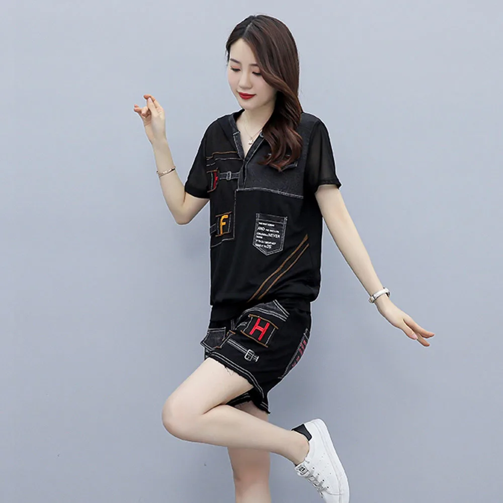 

Womens Oversized Hooded T-shirts Casual Tops Print Elastic Short Pants Punk Two Pieces Sets Lady Outfits 2024 Fashion Summer Set