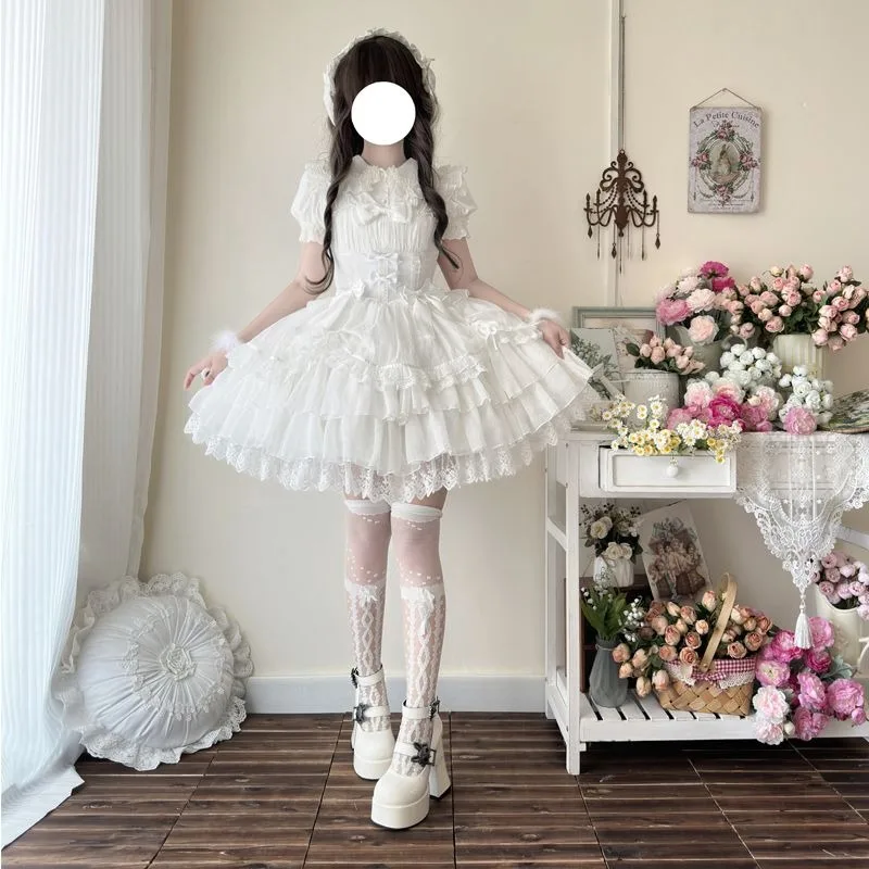 

Lolita White and Black Dress Sweet Princess Dresses JSK Skirt Lace Bowknot Costume Wedding Gown for Women Theme Party