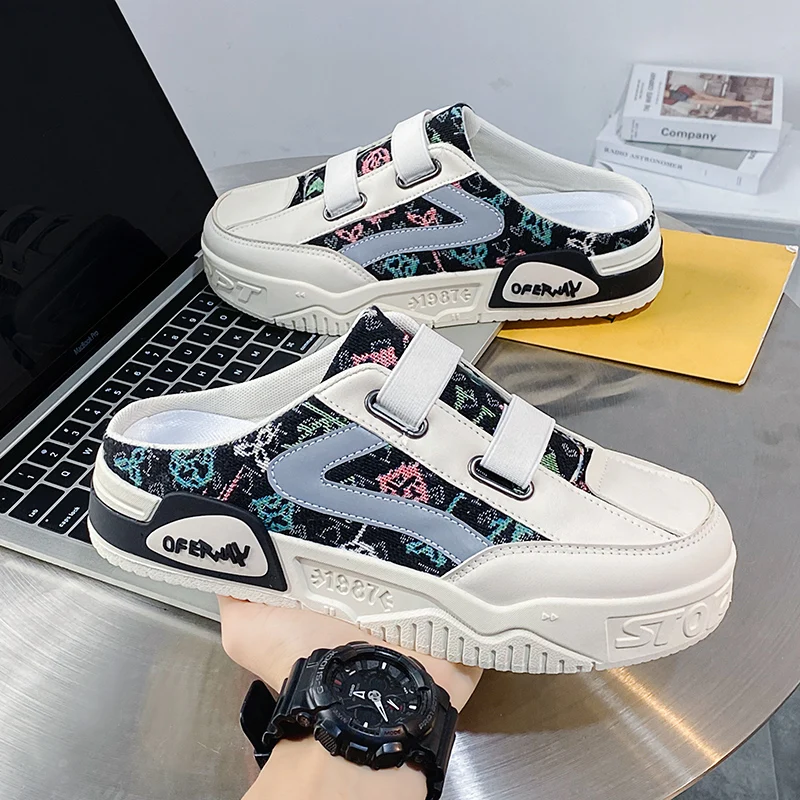 Men's Canvas Shoes Summer Breathable Versatile Sports Casual Slip-On Thick Bottom No-Heel Head Half Slippers Low Cut Rubber Sole