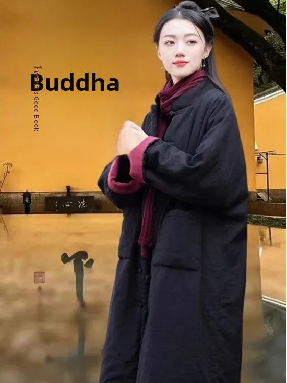 

Женская модная брендовая одежда Thiened Cotton Jaet, зимняя одежда Buddhist Layman Sle, китайский дзен-Дух средней длины