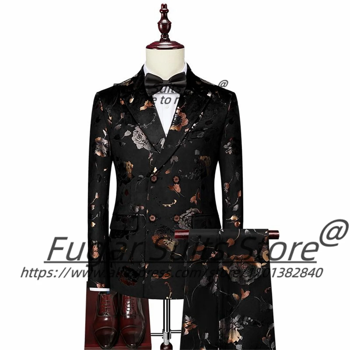 Fashion Black jacquard Prom Men Suits Slim Fit Double Breasted Groom Formal Tuxedos 2 Pcs Sets Handsome Male Blazers Ropa Hombre