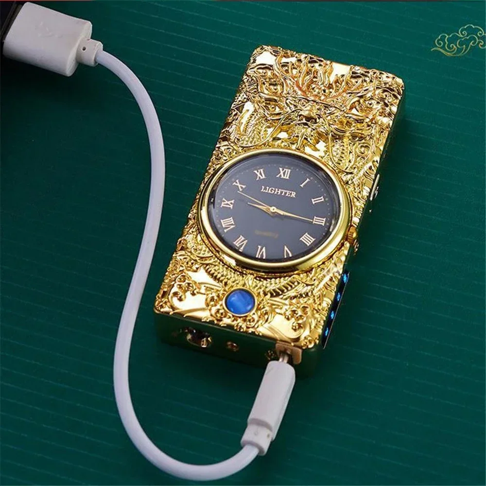 LED Light USB Electric Lighter Embossed Dragon and Watch Plasma Flameless Power Display Dual Arc Lighter Creative Men\'s Gift